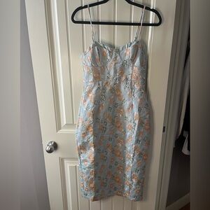 Lulu's Light Blue and Orange Floral Midi Dress